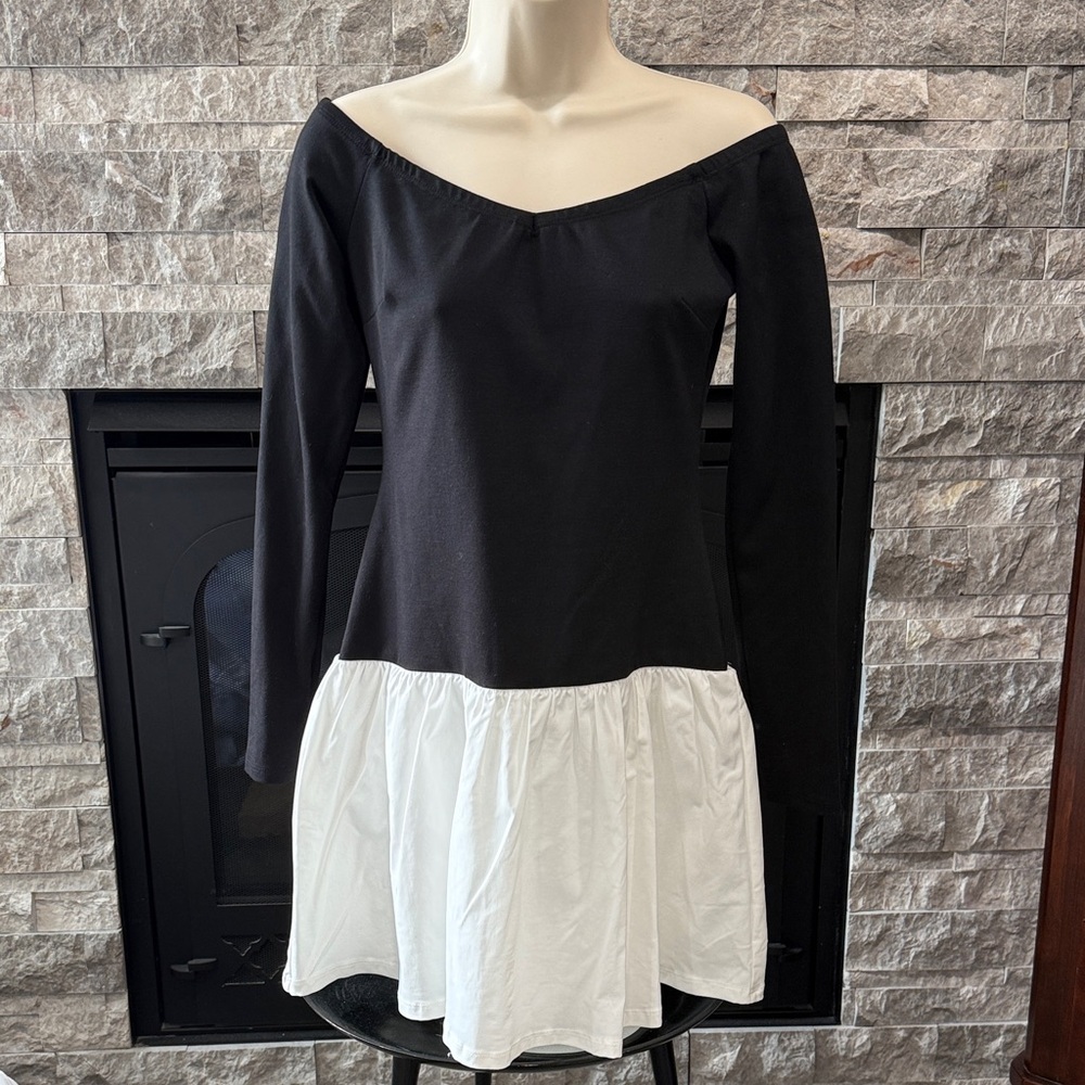 Blue Blush Black & White Off-Shoulder Long Sleeve Dress
